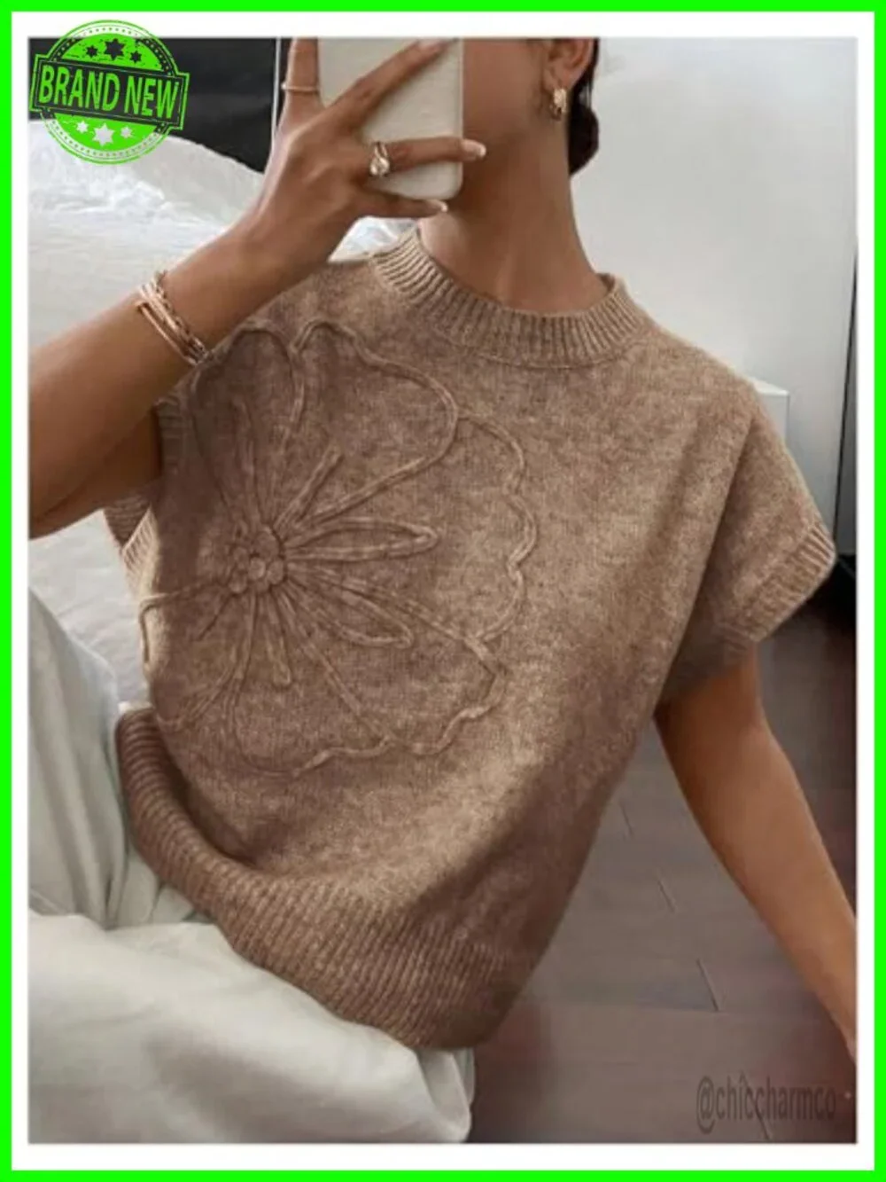 Women's Short Sleeve Sweater Vest 3D Floral Decor Knit Crewneck Top